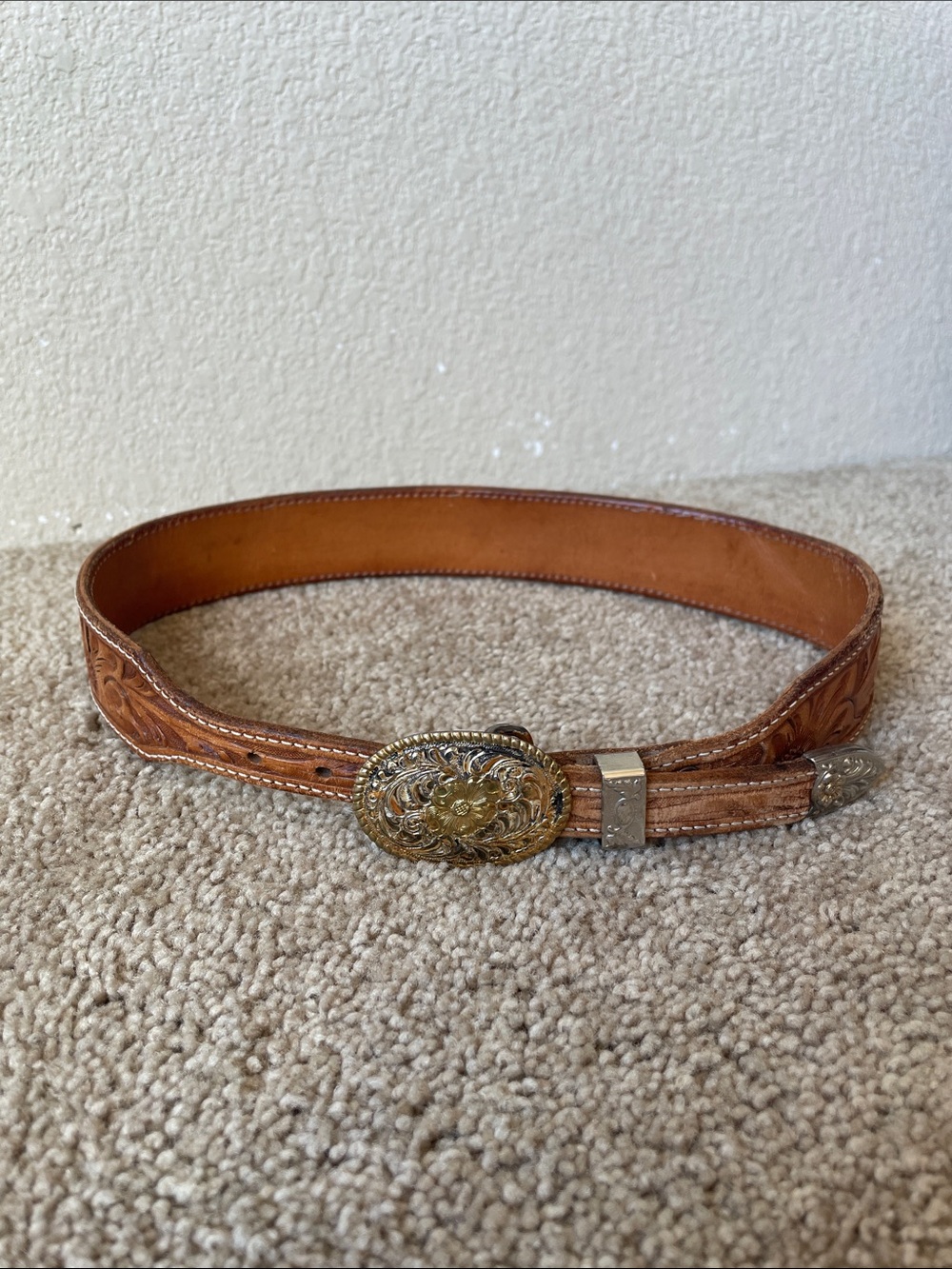 Crumrine Tooled Leather Kids Western Belt Silver Plate On Jewelers Bronze Buckle